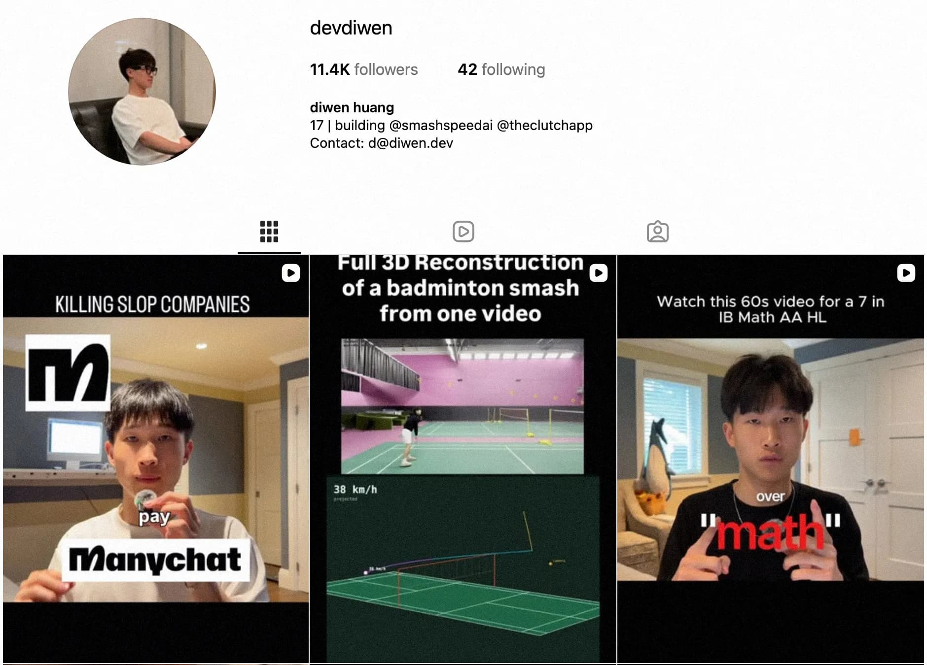 The @devdiwen profile in September 2026, with 11.4K followers and the latest reels