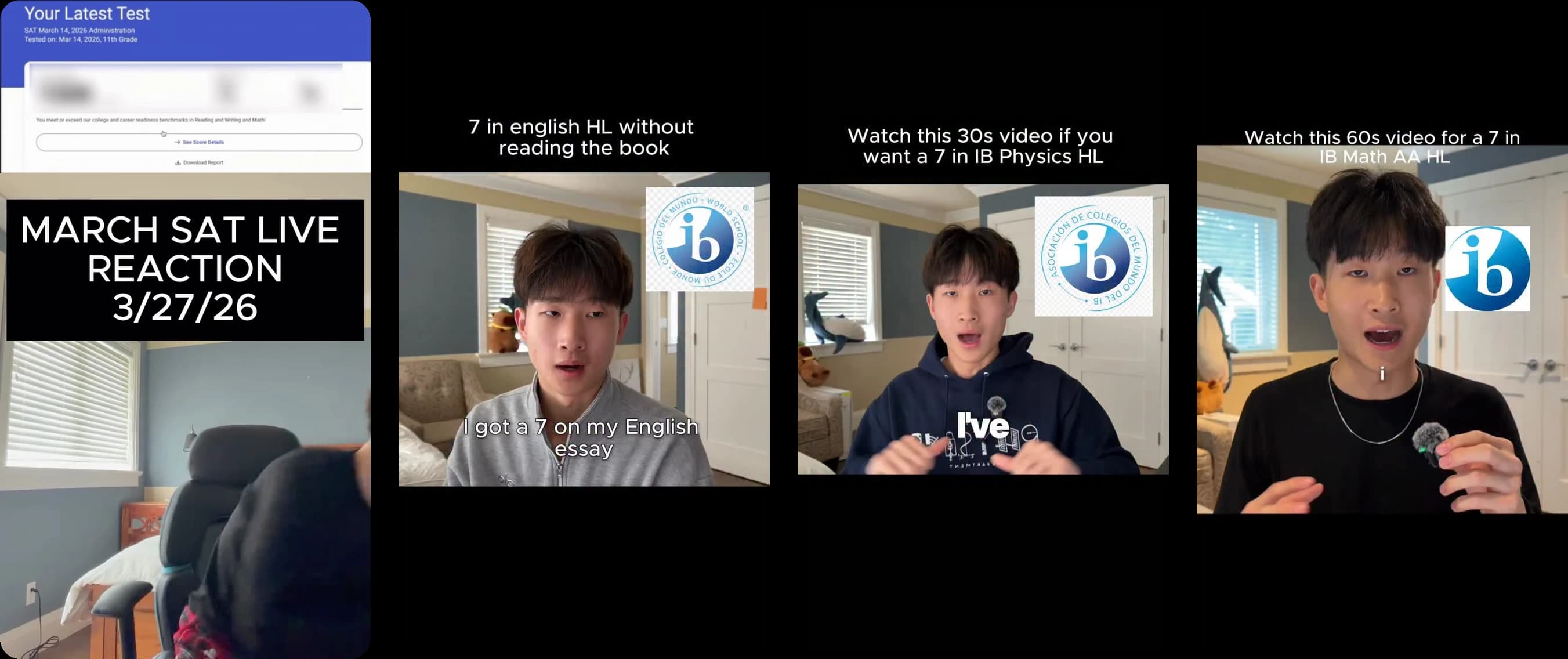 Four reels from @devdiwen: SAT, IB English, IB Physics and IB Math