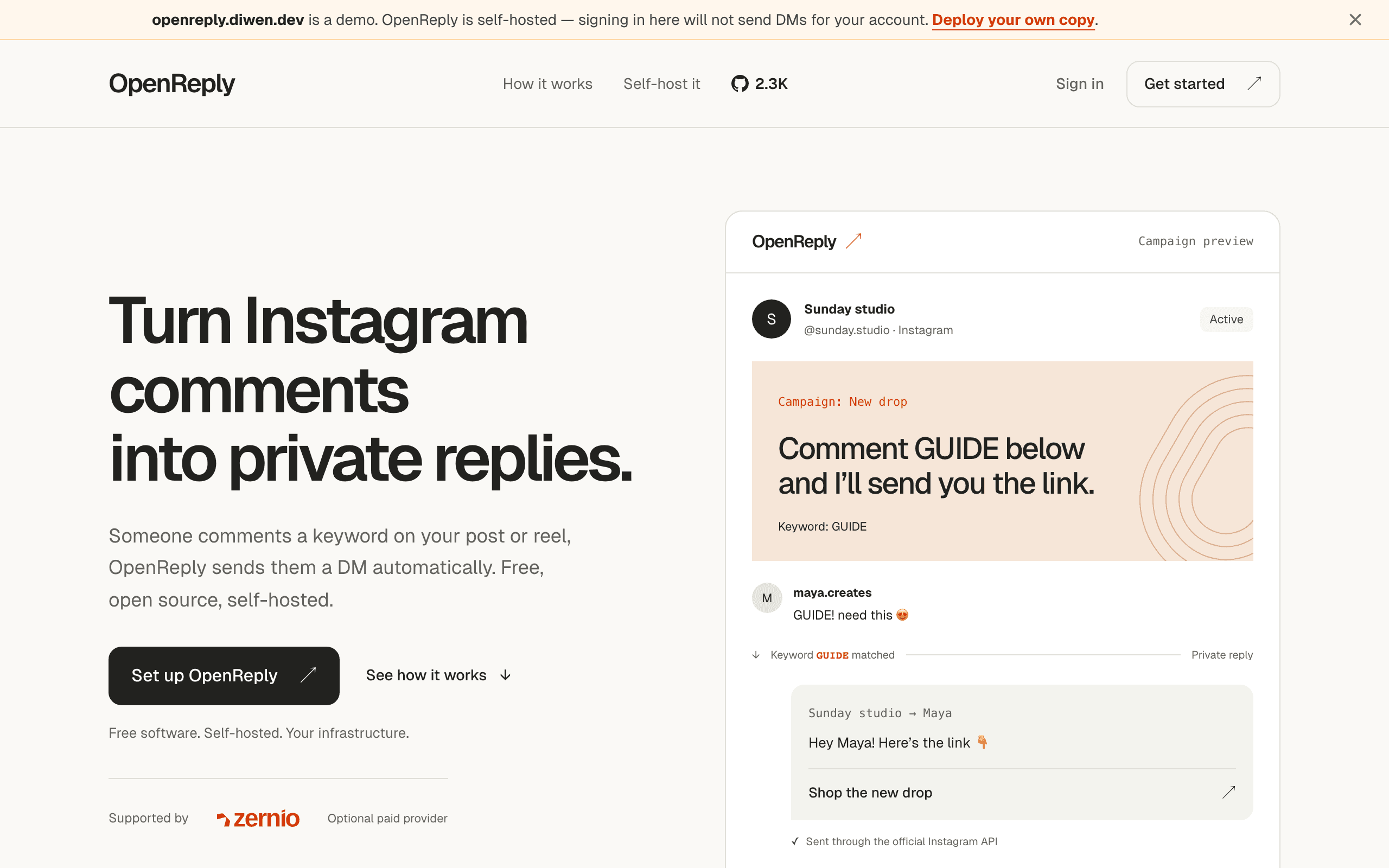 OpenReply's landing page, with a preview of a comment-to-DM campaign
