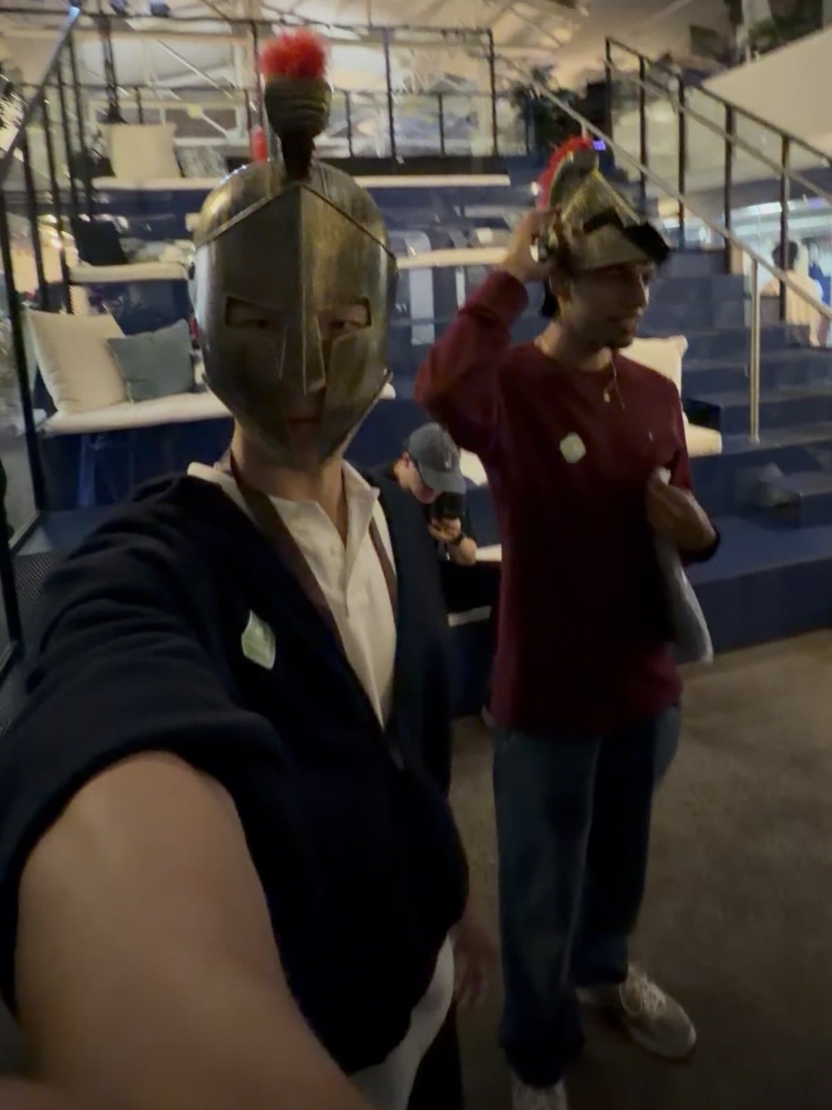 In a Spartan helmet at Exa's Startup School party